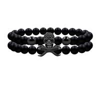Tobestu Unique Black Plated Zircon Skull Head Bracelets for Men 8mm Black Agate Beads 2ps Stacked Elastic Bracelet YA4723