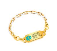 Tobestu White Enamel Stainless Steel Enamel Mental Health Condition Medical Bracelet | Gold-Plated Anxiety Disorder Alert Chunky ID Waterproof Bracelets for Women | YA5176