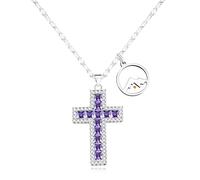 Tobestu White Gold Plated Round Mountain Mustard Seeds Charm Inspirational Jewelry Purple Square Cut Cubic Zirconia Cross Pendant Necklaces for Her Wife Mom YA4783