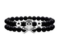 Tobestu White Plated Zircon Skull Head Prayer Protection Bracelets 8mm Black Agate Beads 2ps Stacked Elastic Bracelet for Father Husband Boyfriend On Special Occasions YA4723