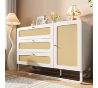 TOBIDOEN Rustic White Rattan Dresser with Gold Handles 3 Drawers & 1 Door Adjustable Shelves Anti-Tip Protection Metal Legs 120x85x40 cm for Bedroom & Living Room