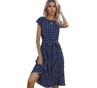 TOBILE Dress Chiffon Women Beach Sundress Short Sleeve Polka Dot Print Vestido A-Line Floral Elegant High Waist Pleat Casual Midi Dresses-Navy Blue,Xl