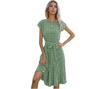 TOBILE Dress Chiffon Women Beach Sundress Short Sleeve Polka Dot Print Vestido A-Line Floral Elegant High Waist Pleat Casual Midi Dresses-Mint Green,L