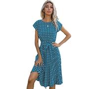 TOBILE Dress Chiffon Women Beach Sundress Short Sleeve Polka Dot Print Vestido A-Line Floral Elegant High Waist Pleat Casual Midi Dresses-Sky Blue,L