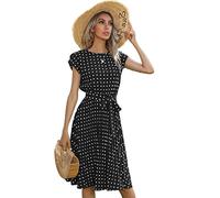 TOBILE Dress Chiffon Women Beach Sundress Short Sleeve Polka Dot Print Vestido A-Line Floral Elegant High Waist Pleat Casual Midi Dresses-Black,M