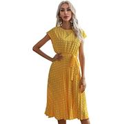 TOBILE Dress Chiffon Women Beach Sundress Short Sleeve Polka Dot Print Vestido A-Line Floral Elegant High Waist Pleat Casual Midi Dresses-Yellow,Xxl