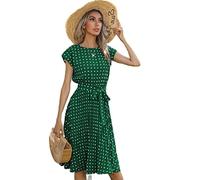 TOBILE Dress Chiffon Women Beach Sundress Short Sleeve Polka Dot Print Vestido A-Line Floral Elegant High Waist Pleat Casual Midi Dresses-Green,Xxl