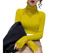 TOBILE Ladies Roll Neck Jumper Add Velvet Bottoming Shirt Women Autumn And Winter Mesh Lace Stitching Turtleneck Slim Knit Lady Shirt-Yellow,M