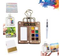 Tobios Mini Watercolour Kit, Mini Watercolour Paint Set Travel, Beginner-Friendly Watercolors Workbook, Watercolor Paint Set, Wooden Grid Paint Box for Painters Artists Students (Brown-8 grids)