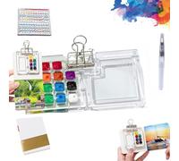 Tobios Mini Watercolour Kit, Mini Watercolour Paint Set Travel, Beginner-Friendly Watercolors Workbook, Watercolor Paint Set, Wooden Grid Paint Box for Painters Artists Students (White-15 grids)