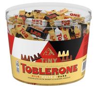 Toblerone Tiny Tub, Assorted Milk, White & Dark Chocolate with Honey & Almond Nougat, Individually Wrapped (57 Milk, 28 White, 28 Dark) 904 g