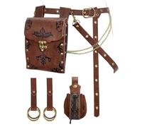 TobWeaL Renaissance Pirate Chain Belt Pouch Set - Medieval Costume Accessories Skirt Hike Faux Leather Waist Bag for Cosplay, Brown 5pcs, Standard