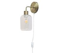 Toby - Antique Brass Plug in Wall Light & Lozenge Ribbed Glass Shade