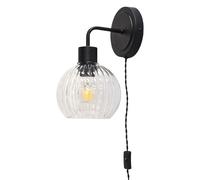 Toby - Black Plug in Wall Light with Betchley Clear Ribbed Shade