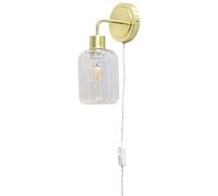 Toby - Satin Brass Plug in Wall Light with Lozenge Ribbed Glass Shade