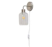 Toby - Satin Nickel Plug in Wall Light with Lozenge Ribbed Glass Shade