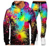 Tobysper Jogging Suit Men's Colourful Tracksuit Neon Hoodie Set 3D Print Leisure Suit Cotton Long Activewear Baggy Casual Regular Sports Suit Transition Sports Suit Sweatshirt Trousers Set, black, 3XL