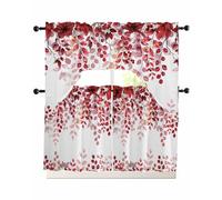 TocaHome Kitchen Curtains Sets 24 Inch Length with Valance, Abstract Art Red Leaves Branches Swag Valances for Windows and Tiers Curtain Set, Light Filtering Rod Pocket Drapes for Living Room, Cafes