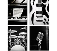 TOCDGOO Vintage Music Wall Art - Set of 4 Black and White Musical Instrument Prints - Retro Microphone Piano Guitar Canvas Posters for Studio Bedroom Decor - 8"x10" Unframed