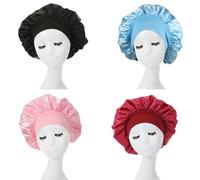 Toced 4 Packs Satin Bonnet, Hair Bonnet for Sleeping, Double Layer Satin Lined, Hair Bonnet with Wide Elastic Tie Band, Silk Bonnet Suitable for Natural Long and Curly Hair(Black+Red+Pink+Blue)