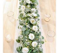 TOCHGREEN 2 Pack 13Ft Artificial Eucalyptus Flower Garland with White Roses, Fake Rose Flower Greenery Garland Floral Gypsophila Vines for Wedding Decoration Home Party Table Runner Decor (2PCS)
