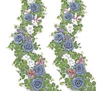 TOCHGREEN 2 Pack 5.9 Ft Artificial Fake Flower Vine Pink Rose Hydrangea Vines with 3D Butterfly Hanging Floral Greenery Eucalyptus Vines for Wedding Table Party Background Decor (Blue White, 2PCS)