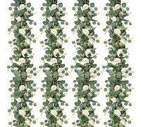 TOCHGREEN 4 Pack Artificial Eucalyptus Flower Garland with White Roses, Fake Rose Flower Greenery Garland Floral Vines for Wedding Home Party Table Runner Decor (4PCS, White)