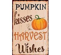 TOCMANE Pumpkin Kisses & Harvest Wishes Fall Theme Tin Sign Vintage Retro Home Farmhouse Cafe Wall Decoration Man Cave Nice Sign 8X12 inch