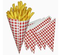 Tocnvoe - Paper Cones, 100 Units, The Container for French Fries, Churro, Sweet Cone, Greaseproof Paper, Confetti Cones, Paper Bags, Takeaway Food, Red and White Square, 14x14x20cm