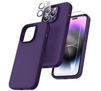 TOCOL 5 in 1 for iPhone 14 Pro Case, with 2 Pack Tempered Screen Protector + 2 Pack Camera Lens Protector, Liquid Silicone Slim Shockproof Cover [Anti-Scratch] [Drop Protection] 6.1", Deep Purple