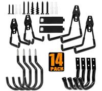 TocTen Garage Hooks, 14 Pack Garage Storage Hook Heavy Duty Solid Steel Wall Hooks, Wall Mount Garage Bike Hooks with Anti-Slip Coating Utility Hooks for Hanging Bike Ropes Garden Tools (Black)