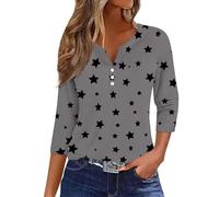 Today 2024 Oversize T Shirts for Women UK Women's Fashion Casual Star Print Button Three Quarter Sleeve T Shirt Top Lightning Deals Day Next Day Delivery Clothes Grey