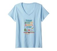 Today Begin My School Story: First Day Adventure V-Neck T-Shirt, Women, Baby Blue, S