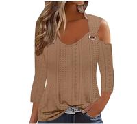 Today Deals 2024 Sexy Cold Shoulder Tops for Women UK Fall Fashion 3/4 Sleeve V Neck Tunic Shirts Ladies Elegant Hollow Out Eyelet Blouse Dressy Casual Solid Color Loose Fit Tee Shirts