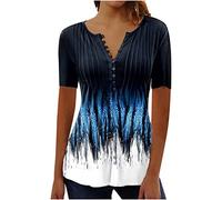 Today Deals 2024 Summer T Shirts for Women UK Short Sleeve Button Up V Neck Tops Trendy Pleated Henley Tunic Shirts Dressy Casual Butterfly Floral Print Blouse Ladies Elegant Going Out Tee