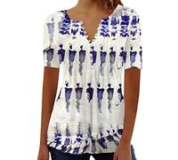 Today Deals 2024 Summer T Shirts for Women UK Short Sleeve Button Up V Neck Tops Trendy Pleated Henley Tunic Shirts Dressy Casual Butterfly Floral Print Blouse Ladies Elegant Going Out Tee
