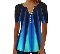 Today Deals 2024 Summer T Shirts for Women UK Short Sleeve Button Up V Neck Tops Trendy Pleated Henley Tunic Shirts Dressy Casual Butterfly Floral Print Blouse Ladies Elegant Going Out Tee