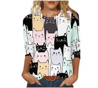Today Deals Blouse for Women UK Cute Cats Print Tunic Tops 2025 Summer Fashion Round Neck Shirts Dressy Casual 3/4 Sleeve Tops Comfy Lightweight Loose Fit T-Shirt Going Out Tee