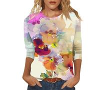 Today Deals Casual 3/4 Sleeve Tunic Tops for Women UK 2025 Summer Fashion Crew Neck Lightweight Blouse Dressy Comfy Loose Fit Shirts Ladies Elegant Floral Print T-Shirt Going Out Tee