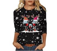 Today Deals Ladies Christmas Tops UK 2024 Fashion Xmas Tree Gnome Red Wine Glass Snowflake Print Blouse Casual 3/4 Sleeve Round Neck Tunic Shirts Lightweight Going Out T-Shirts