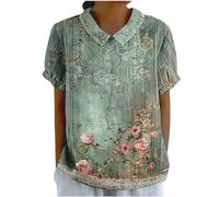 Today Deals Linen Tops for Women UK Casual Short Sleeve Lapel Neck T-Shirts 2024 Fashion Geometric Floral Print Blouses Dressy Plus Size Shirts Ladies Elegant Keyhole Back Tee