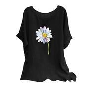 Today Deals Linen Tops for Women UK Plus Size Shirts 2024 Summer Short Sleeve Crewneck Blouses Funny Daisy Dandelion Butterfly Print T-Shirts Ladies Elegant Loose Fit Cheesecloth Clothes