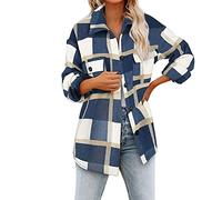 Today Deals of The Day Clearance Oversized Tees for Women's Brushed Plaid Shirts Long Sleeve Flannel Lapel Button Down Pocketed Shacket Jacket Orders Placed by Me 2024 Blue