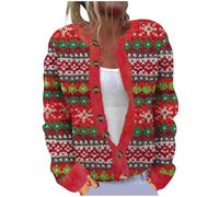Today Deals Oversized Knit Cardigan for Women UK 2024 Christmas Long Sleeve Button Down Coat Funny Xmas Tree Santa Snowflake Print Jacket Winter Fashion Going Out Loose Fit Sweater Tops
