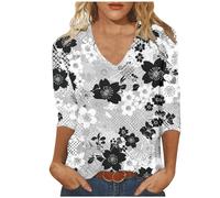 Today Deals Women Fashion Tops UK Casual 3/4 Sleeve V Neck Shirts 2024 Summer Floral Print Blouses Dressy Comfy Tunic Tops Ladies Elegant Going Out T-Shirts Loose Fit Tee