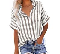 Today Deals Womens Linen Shirts UK Short Sleeve Button Down Lapel Neck Tops Summer Casual Striped Print Blouses 2024 Fashion Loose Fit Tee Shirts Ladies Elegant Tops