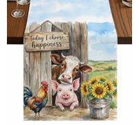 Today I Choose Happiness Table Runner, Farm Pig Cow Rooster Summer Sunflowers Cotton and Table Linen Runner for Kitchen Dining Home Decor for Party Festival Holiday Decoration Gift 13x70in