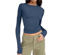 Today on Clearance Tops for Women UK Women’s Long Sleeve Round Neck Crop Top Tee Shirt Basic Solid Tight Slim Fit Cropped Shirt Workout Clearance Womens Sale Clearance Clothes Navy