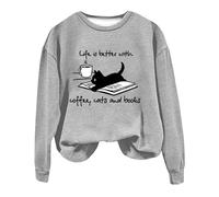 Todays Daily Deals Sweatshirts for Women UK Oversized Coffee Cat And Book Print Women's Hooded Sweatshirt Crew Neck Pullover Fun Christmas Deals of The Day Sale (Grey, M)