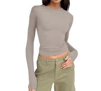 Todays Daily Deals Tops for Women UK Women’s Long Sleeve Round Neck Crop Top Tee Shirt Basic Solid Tight Slim Fit Cropped Shirt Workout Clearance Same Day Delivery Clothes Grey